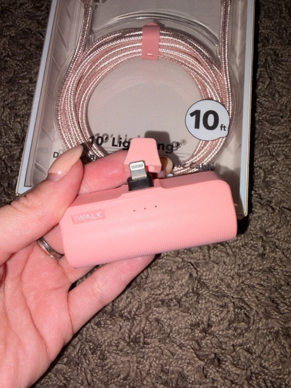 Pink 10ft Braided Lightning Charging Cable and Pink Iwalk portable charger